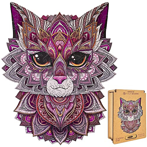 Lubiwood Curious Cat (42x29 cm) Unique Shaped Animal Wood Puzzle - Stimulates Ingenuity & Encourages Intellectual Power - Comes with Wood Gift Box - Ideal for Adults