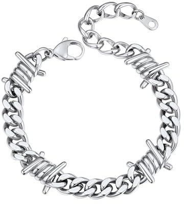 ChainsHouse Barbed Wire Bracelet, Stainless Steel Cuban Link Chain Bracelet for Men Chain Bracelet Hip Hop Rock Jewelry 9MM Width 7.08 Length with 2 Extened Links