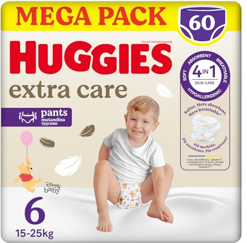 Huggies Extra Care, Pannolini Taglia 6 (15-25 Kg), Mutandina traspirante, Pacco Mega, 60 Pz