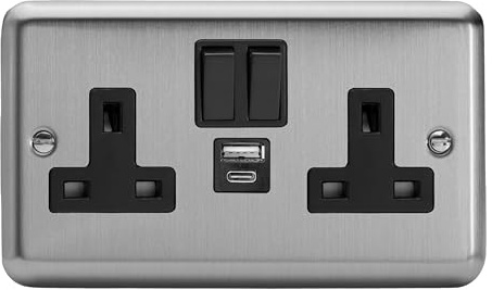 Varilight Double Switched Plug Socket With USB A+C Charging - Value Matt Chrome With Black Insert, XS5UACB