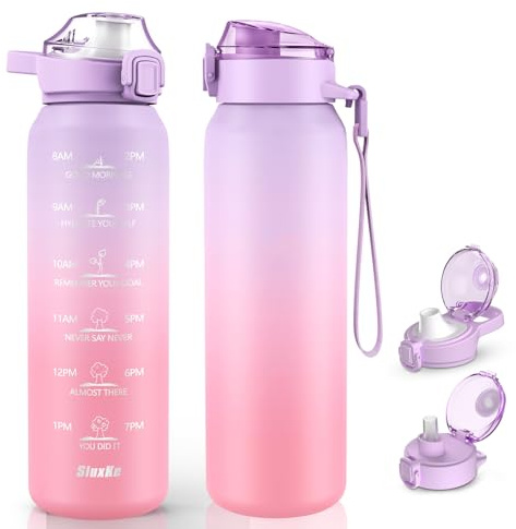 SLUXKE Stainless Steel Insulated Water Bottle 32oz with Handle, 1L Double Wall Insulated Bottle with Time Marker BPA Free, 1000ml Metal Water Flask for Outdoor Working School PURPLE PINK