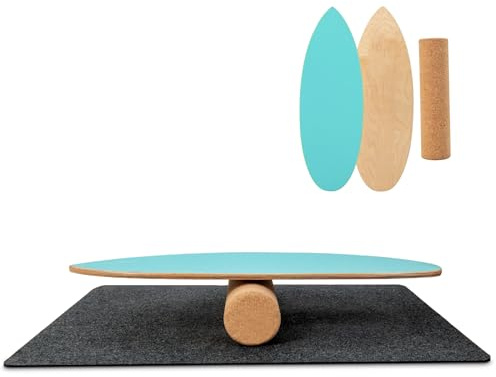 KOMFOTTEU Tabla de Equilibrio de Madera, Balance Board con Rodillo de Corcho y Alfombrilla de Fieltro, Tabla de Entrenamiento, Tabla de Surf (Azul)