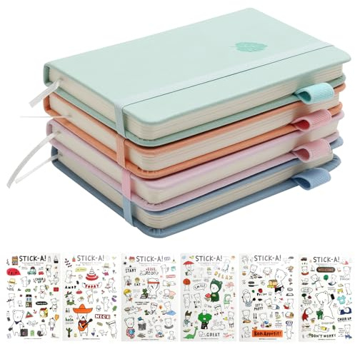 FL HUA 4 Stück Tragbares Notizbuch A6 mit 6 Aufkleber, Farbe Hardcover Notizbücher Aufzeichnung von Memos und Zeitplänen, Taschen Notizblock Klein für Kinder und Erwachsene (A6)