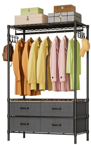 KZOBYD Kleiderständer mit Stoffschubladen, Kleiderstange, Metall Garderobenständer Schwerlast-Kleiderständer Kleiderbügel mit Kleiderstangen und Ablage, 90 * 40 * 180 cm (Schwarz)