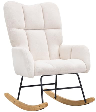 VEVOR Fauteuil à Bascule avec Siège Doux et Dossier Haut, Chaise d’Allaitement Capacité de Charge 113,4 kg, Chaise à Bascule Rembourrée en Velours Teddy, pour Chambre à Coucher, Salon, Blanc Ivoire