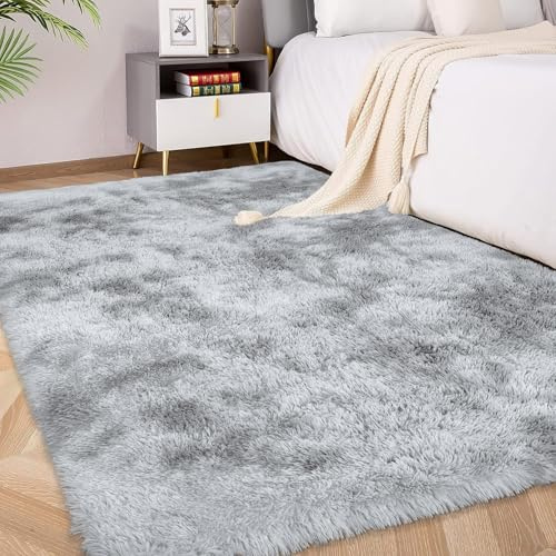 FVVRAX Bereich Teppiche für Schlafzimmer Wohnzimmer 90x150 cm, Tie-Dyed hellgrau flauschig Fuzzy Shag Shaggy weichen Plüsch Teppich, Indoor-Boden Teppich für Kinder Home Decor Ästhetik