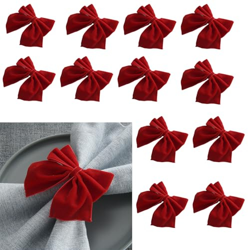 Jul Servettringar Set med 12, Röd Rosett Servetthållare, Röd Sammetsservettspännen, Servettringar för Bröllopsmatbord för Julfest Födelsedagsfest Jubileumsmiddag Bröllop