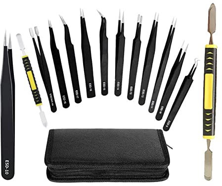 Pinzas ESD de acero inoxidable en bolsa de lona, herramienta de alineación precisa con puntas dobladas, punta redonda plana y punta cuadrada