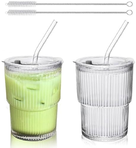 Lot de 2 gobelets en verre avec couvercle et paille - 400 ml - Verres à café glacé - Verres à eau - Design étanche - Pour thé, glace, lait, jus (style A)