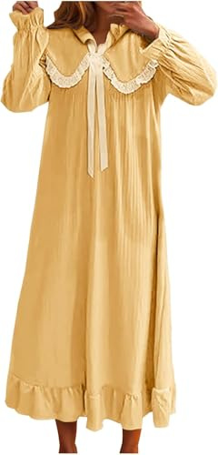 DSAoTeng Camisones largos de satén de manga larga para mujer, con lazo, ribete de encaje, cuello de muñeca, estilo vintage, para descansar sobre la rodilla, ropa de dormir para el hogar, amarillo, M