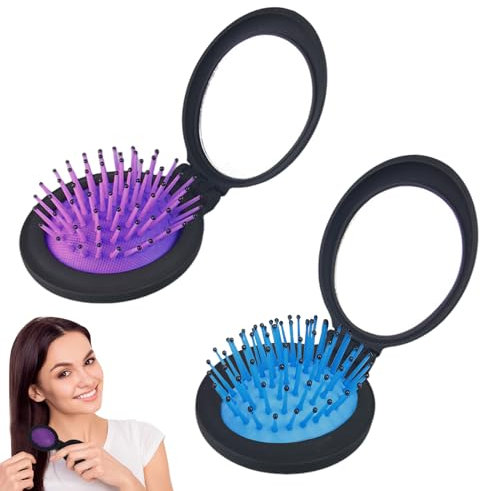 2 PCS Mini Brosse Cheveux avec Miroir - Pliable et Ronde pour Voyage - Peigne de Massage pour Femmes, Hommes