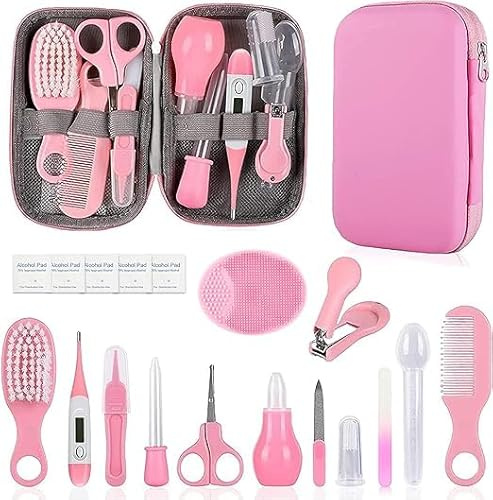 Baby sjukvård och groomingkit 12 st kit för barnkammare och vård, nyfödda set med hårborste, kam, nagelklippare och mer för nyfödda spädbarn, småbarn, babypojkar (rosa)