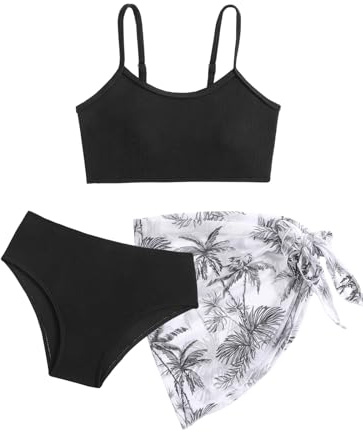 Girls Bikini Set with Skirts Ribbed Swimsuit 3 Pieces Swimming Costume Swimwear for Teens Size 9 10 11 12 13 14 Years Black