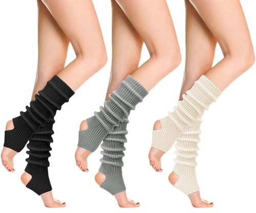 Zuimei 3 Pairs Leg Warmers for Women, Knitted Long Yoga Socks Sport Stirrup Leg Warmers Soft Warm Long Boot Cuff Knee Socks for Ballet Dance Yoga Daily 80s Party Womens Girls -Black White Grey