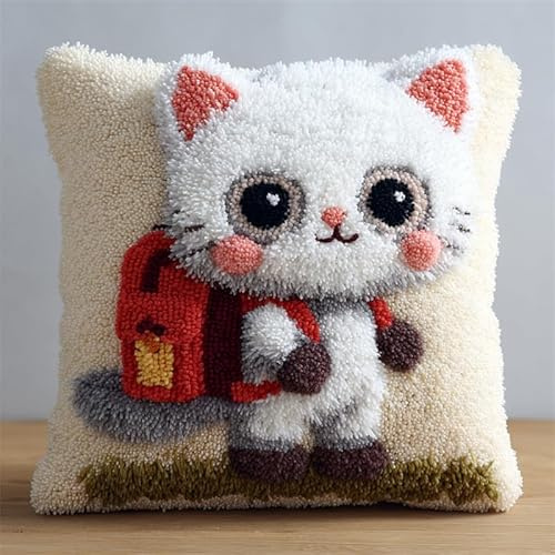 animali dei cartoni animati Kit di Ganci a Chiusura per Cuscino,Gattino che porta uno zaino scolastico,Kit cuscino mezzopunto DIY di cuscino Principianti Adulti Regalo per adolesc,43x43cm