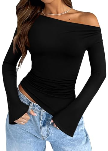 REORIA Women’s Casual Long Sleeve Boat Neck Off Shoulder Tops Going Out Y2k Asymmetrical Hem Ruched Bell Sleeve Shirts, Black Onyx M