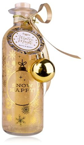 Bain moussant Accentra WINTER MAGIC, mousse de douche, gel douche dans une bouteille en verre avec imprimé boule de Noël et pendentif, parfum vanille, cadeau femme Noël or