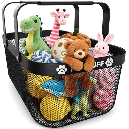 BluPup Metal Dog Toy Basket: Pet Toy Box Storage Bin for Living Room Area, Mesh Design and Sturdy 16 (L) x 9.5 (W) x 7 (H) inches