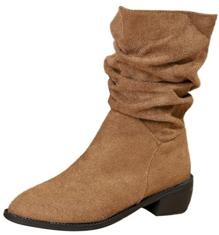 Botas de vaquero para mujer, medianas y altas, con tacón, botas cortas de ante, botines de tacón bajo, botas de tobillo deslizantes, botas de invierno romanas, botas de entretiempo, marrón, 39 EU
