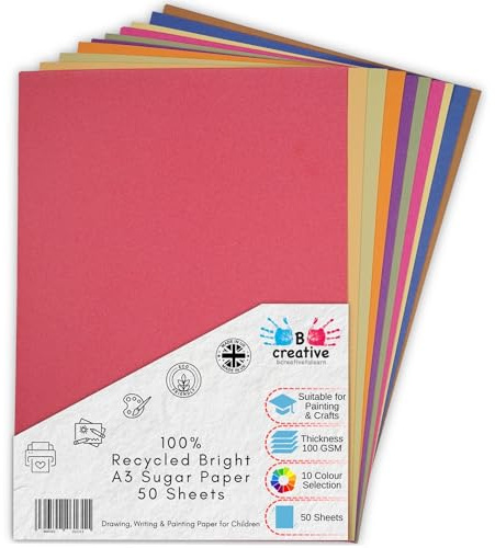 Be Creative A3 Recycled Sugar Paper 42 x 29.7 cm 100gsm – 50 Sheets in 10 Assorted Bright Colours for Arts, Crafts, Drawing & Scrapbooking