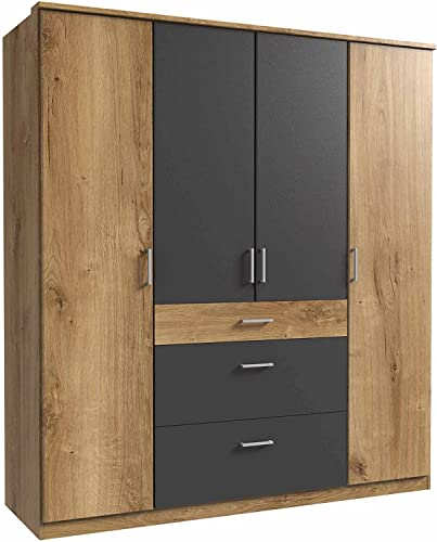 lifestyle4living Kleiderschrank in Planken-Eiche, Graphit-Grau, 180 cm | Drehtürenschrank mit 4 Türen, 3 Schubladen, 2 Kleiderstangen, 4 Einlegeböden im modernen Stil