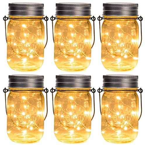 GIGALUMI Hanging Solar Mason Jar Lights, 6 Pack 30 Led Solar Lanterns Outdoor Hanging Lanterns, 6 Hangers and Jars Included. Great Outdoor Lawn Decorate for Patio Garden, Yard and Lawn