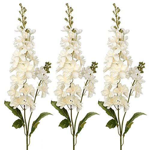 Briful 3PCS Artificial Delphinium Flowers with Long Stems, Fake Flowers Faux Delphinium Stems Floral Arrangement, White Artificial Flower for Tall Vase Home Office Garden Party Decoration