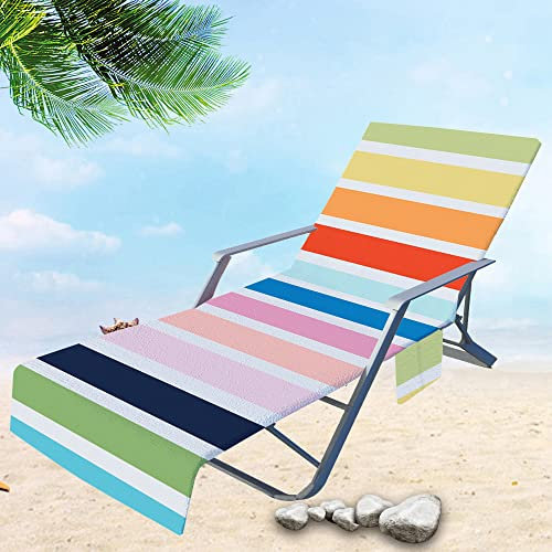 Surwin Schonbezug Für Gartenliege Streifen Strandliegenauflage Frottee Liegenauflage Stuhl Strandtuch Sun Lounger Bezug mit Tasche Sporthandtuch für Strand Garten Schwimmen (Regenbogen,75x210cm)