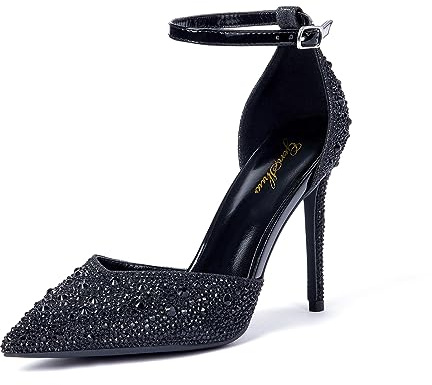 Zhabtuc Escarpins à Talon Aiguille pour Femmes Talons Hauts en Strass 10 CM/3,94 Pouces Chaussures à Talons Sexy à Paillettes Talons pour Fête Talons de Mariée à Bout Pointu, Noir 39 EU