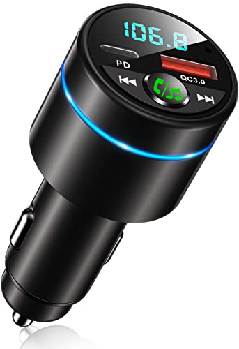 RIWUSI FM Transmitter for Car Bluetooth 5.3, [All-Metal] PD 30W & QC3.0 18W Fast Car Charger, Wireless FM Radio Kit Bluetooth Car Adapter, Noise Cancelling Hands-Free Call, Blue Light - Black
