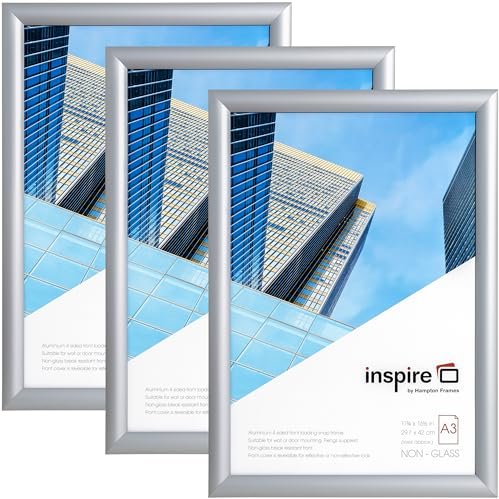 inspire by Hampton Frames | A3 Snap Frame Pack of 3, Silver Aluminium, 30x42cm, Acrylic Front | Easy Snap Mechanism, Wall Mount | Secure Poster Display, Landscape or Portrait Use