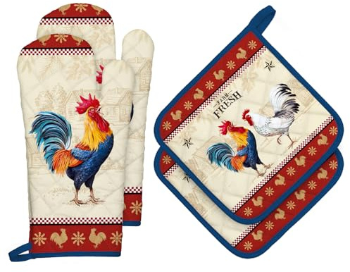 Arquiel Guanti Da Forno Presina Set Di 4, 100% Cotone Addensare Guanti Da Forno A Microonde, Presine Da Cucina Morbida Antiscivolo Resistenti Al Calore Per Cucinare Forno Regalo(gallo della fattoria)