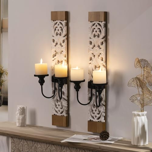 Holz Wandkerzenhalter Wand Kerzenhalter,Weiß Wandhalterung,Vintage Kerzenständer Deko für Kerzen Wanddekoration.69cm x 26cm,2 Stück