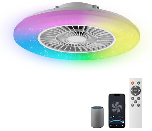 BKZO moderne Smart-LED-Deckenleuchte mit Ventilator & RGB-Frame Light, RGB Deckenventilator mit Lampe, Stufenlos Lüftungsgeschwindigkeiten, mühelose Lichtdimmung, 3000-5500 K, Weiß, 60CM