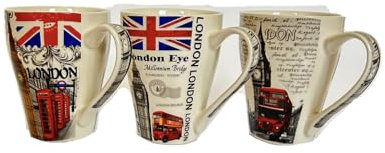 3pcs London-Themed Ceramic Mugs, Set of 3, Designs: Union Jack, Double-Decker Bus, Millennium Bridge