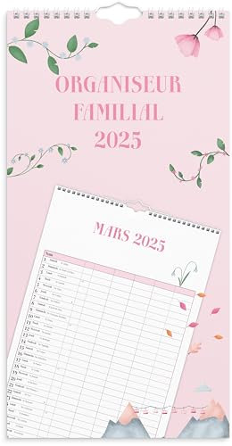 Burde Calendrier Familial 2025 Familial Annies Mural Rose | 12 mois | 1 mois par feuille | 5 Colonnes | Planificateur familial | En français