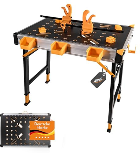 LEMODO Mobile Werkbank klappbar, 5-Fach höhenverstellbarer Werktisch für unterwegs und die Werkstatt, Klappwerkbank mit viel Zubehör, Werkzeugbank mit über 450 kg Tragkraft