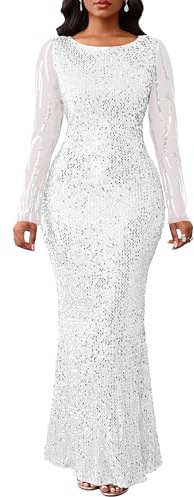 VERWIN Women's Sequins Bodycon Round Neck Long Sleeve Sparkly Mermaid Maxi Dress for Casual Party Cocktail M White