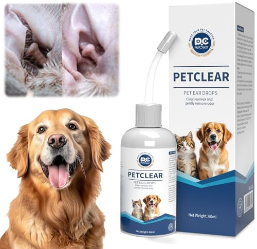 PCpetclear Ear Cleaner for Dogs and Cats, with Bendable Applicator, Non-Irritating, Dog Ear Cleaner Solution to Eliminates Ear Odour, Dirt and Debris, 60ml