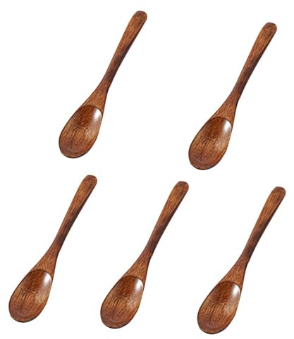 5 st träskedar, små serveringsskedar trä tesked hållbar kök serveringssked skoper, miljövänlig bordssked, trä soppskedar set för matlagning, smaktillsatser, honung, äta blanda omrörning