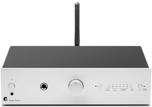 Pro-Ject Stereo Box E, Kompakter integrierter Hi-Fi-Stereo-Verstärker mit BT 5.0, Subwoofer Ausgang, 2X optisch In, 1x koaxial SPDIF In, 2x40W (Silber)