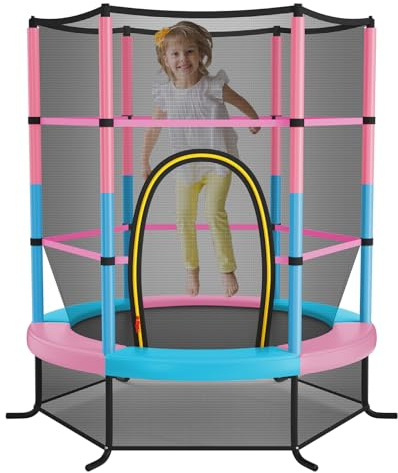 GYMAX Trampolino da Esterno per Bambini, Tappeto Elastico da Giardino, con Rete Protettiva, Telaio in Acciaio, Resistente alle Intemperie, per Interno, Esterno, Portata 135 kg