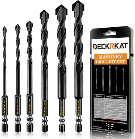 DECKRKAT 6-Piece Black Masonry Drill Bit Set for Concrete, Brick, Tile - Carbide Tipped, Quick Change 1/4 Hex Shank (5/32,3/16,1/4,5/16,3/8,1/2) w/Storage Case
