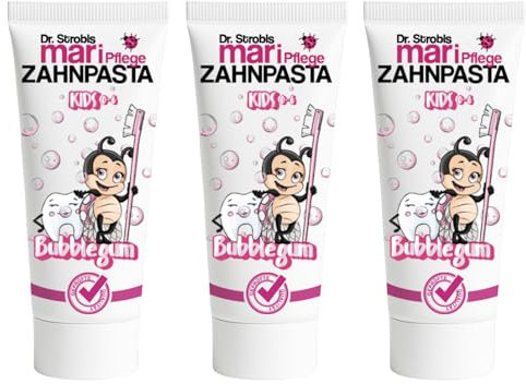 Dr.Strobls Dentifricio per bambini Bubblegum, dentifricio per bambini, 0-6 anni, protezione carie, denti da latte, 3 x 75 ml, confezione da 3
