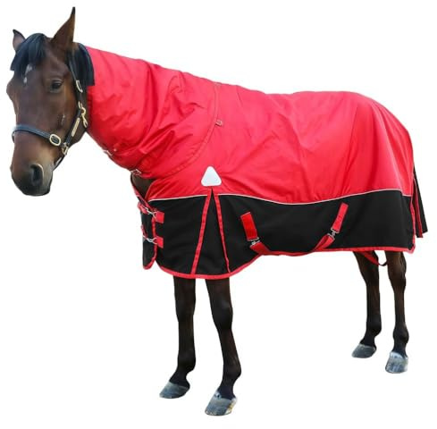 TAUIANE Coperta per La Cura del Cavallo, Coperta Impermeabile di Peso Medio, Coperta Invernale per Cavalli da Passeggio Premium 1200D, con Copricollo Staccabile,Rosso,155cm
