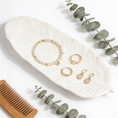 wocpvm Plateau Bijoux Ceramique Design Plume,Plateau de Rangement Blanc pour Bracelets,Bagues & Bijoux,Décoration pour Vanité, Salle de Bain & Salon 21.5x8.3x1.7cm