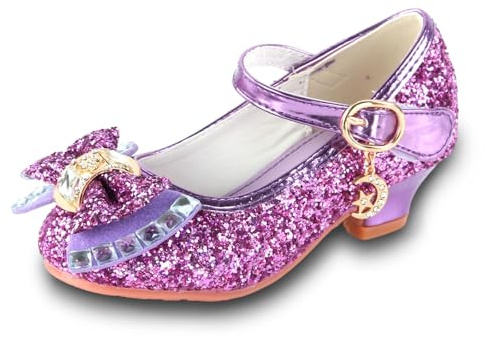 Mary Jane Princess Shoes with Shiny Bow, Glitter Girls Party Shoes, Flower Girl Shoes for banquets, Weddings, Birthday, Party,(Purple)