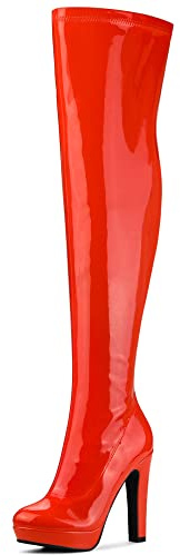 Allegra K Stivali alti sopra il ginocchio con plateau in pelle verniciata da donna Rosso-arancio 39