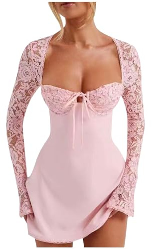 Vestido corto para mujer, corsé Y2k, manga larga, corte bajo, vestido de encaje, vintage, liso, floral, vestido de fiesta, encaje transparente, volantes florales, vestido corto, vestido de fiesta