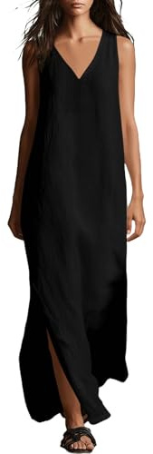 Vestido Largo Verano Mujer Tirantes Vestidos Lino Vestido Casual Invitada Boda Elegantes Cuello en V Tirantes sin Mangas Transpirable Ligero Bohofiesta Playa Vacaciones